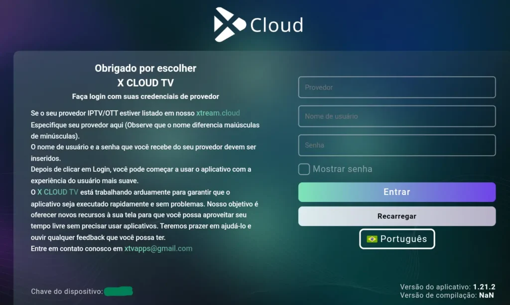 Tela de Login Teste Grátis IPTV XCloud 6h