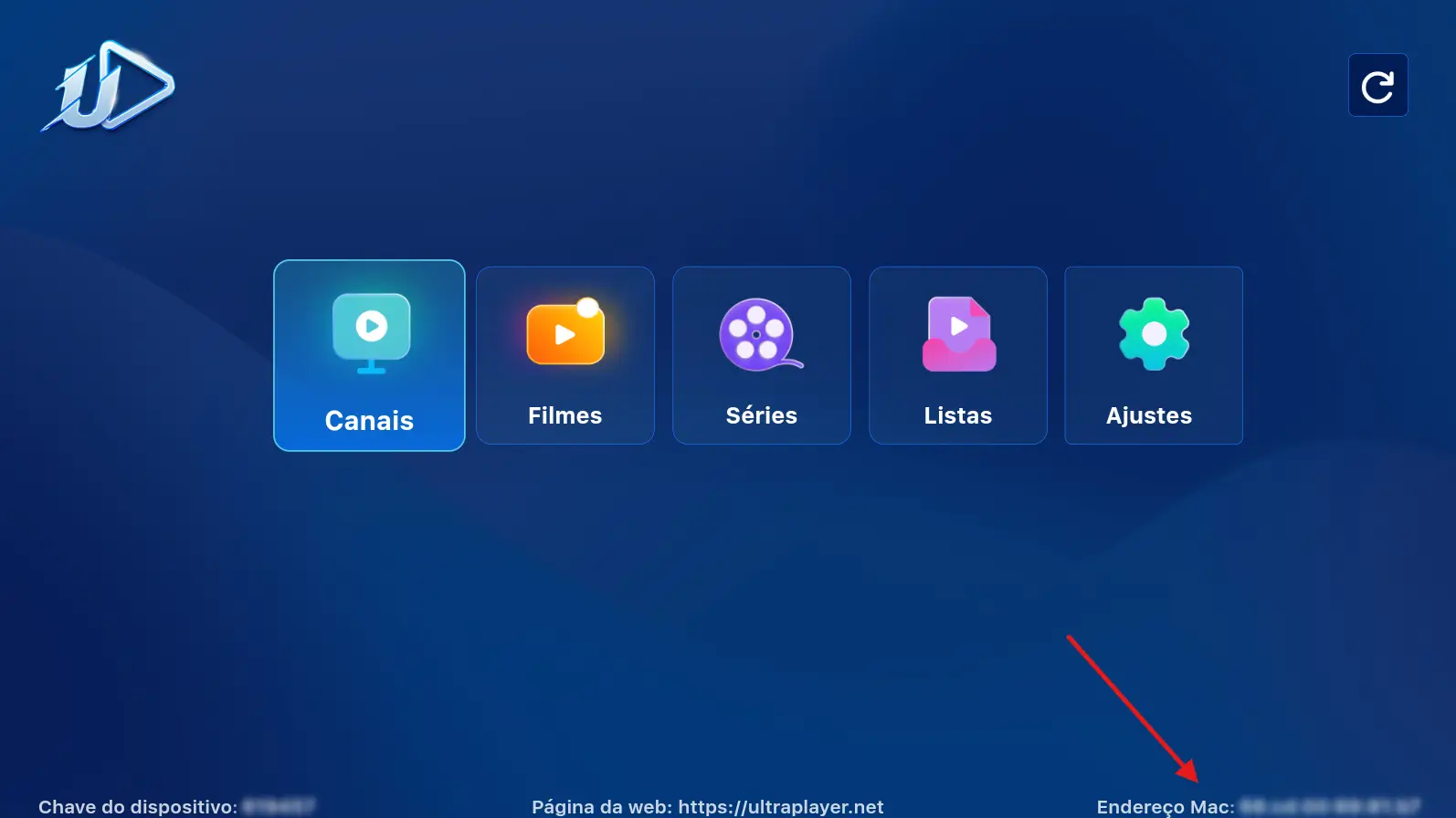 Tela Inicial do Teste IPTV no Ultra Player